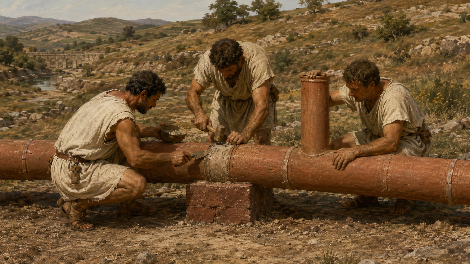 A wide 16:9 cinematic realistic oil-painting of a Roman valley pressure aqueduct under construction, pipe line descending a hillside, crossing the valley floor on low masonry and climbing opposite slope, engineers checking joints, no giant arcade, no readable text, letters, numerals, logos, signatures or watermark.