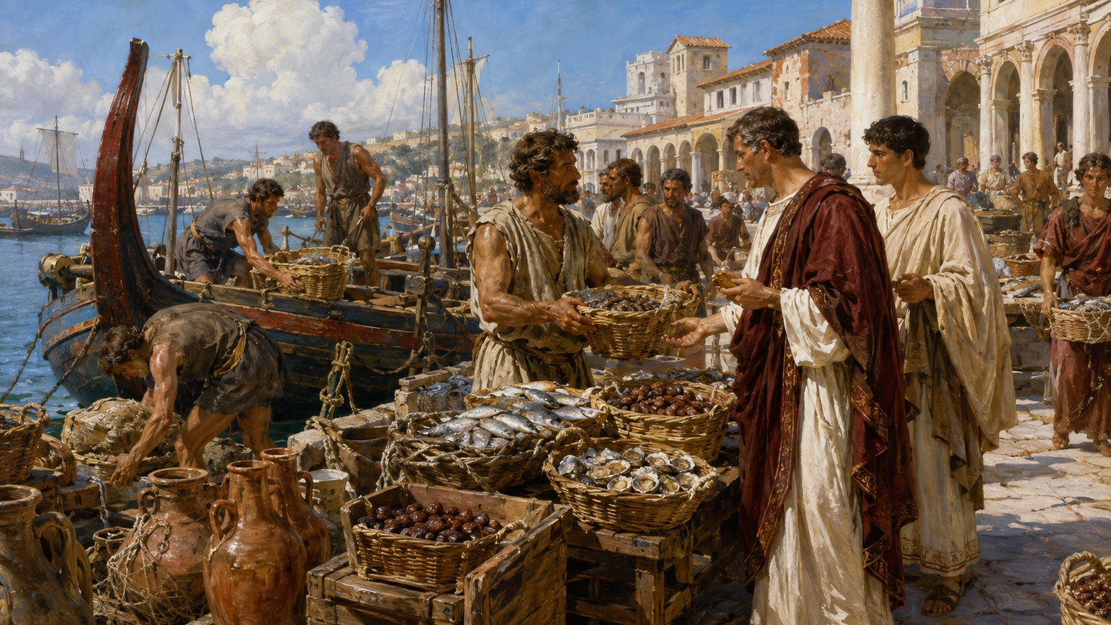A vertical 4:5 cinematic realistic oil-painting of an elite Roman banquet table arranged like a map of Mediterranean trade, with a peacock dish, fish, oysters, dates and nuts arriving in baskets and amphorae from different attendants, restrained historical setting, no readable labels, text, letters, numerals, logos or watermark.