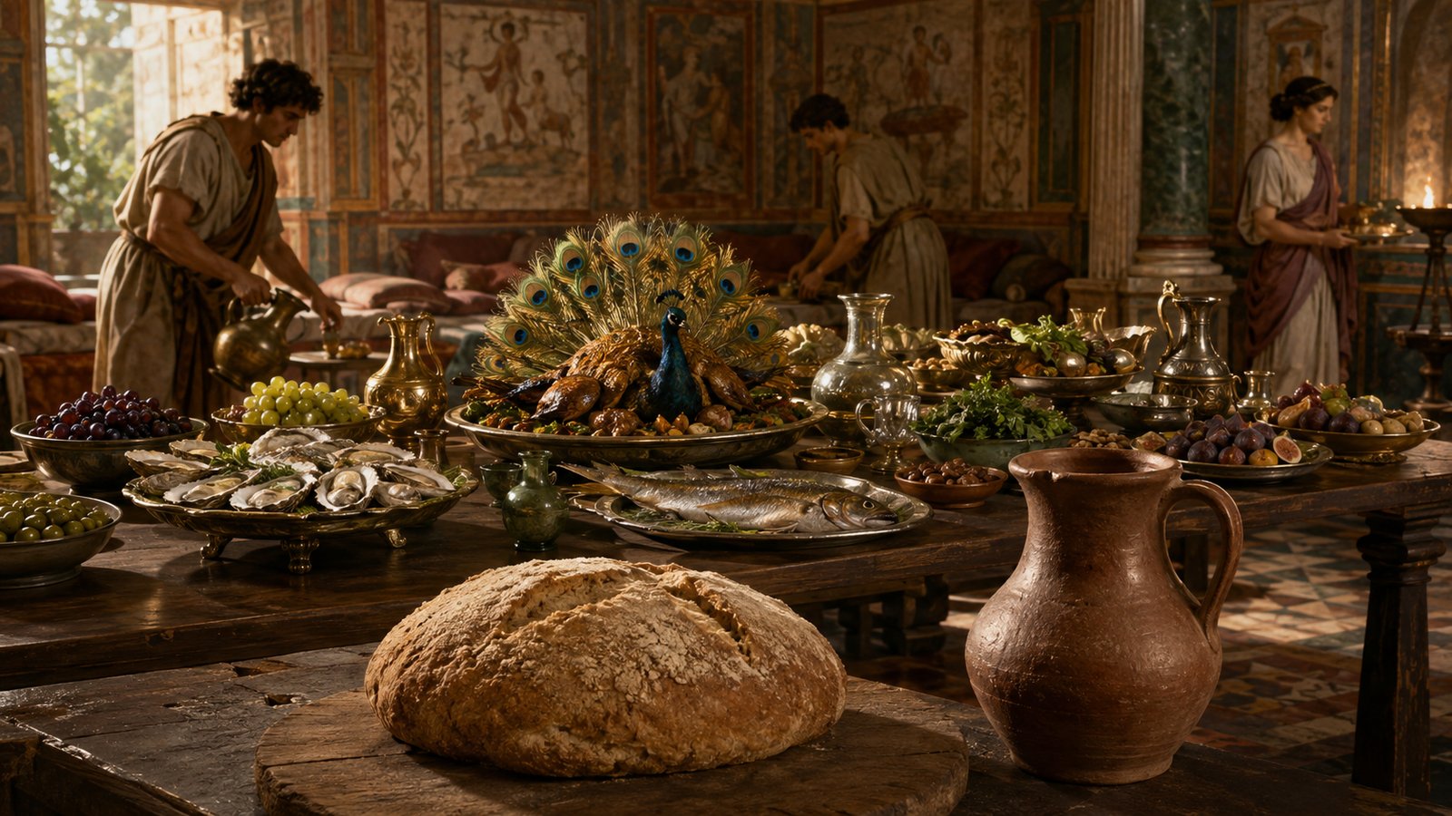 A wide 16:9 historically plausible Roman harbor market where merchants unload baskets of fish, oysters, dates and nuts from several small cargo vessels while an affluent household buyer compares the goods, vivid Mediterranean light, no readable signs, text, logos or watermark.
