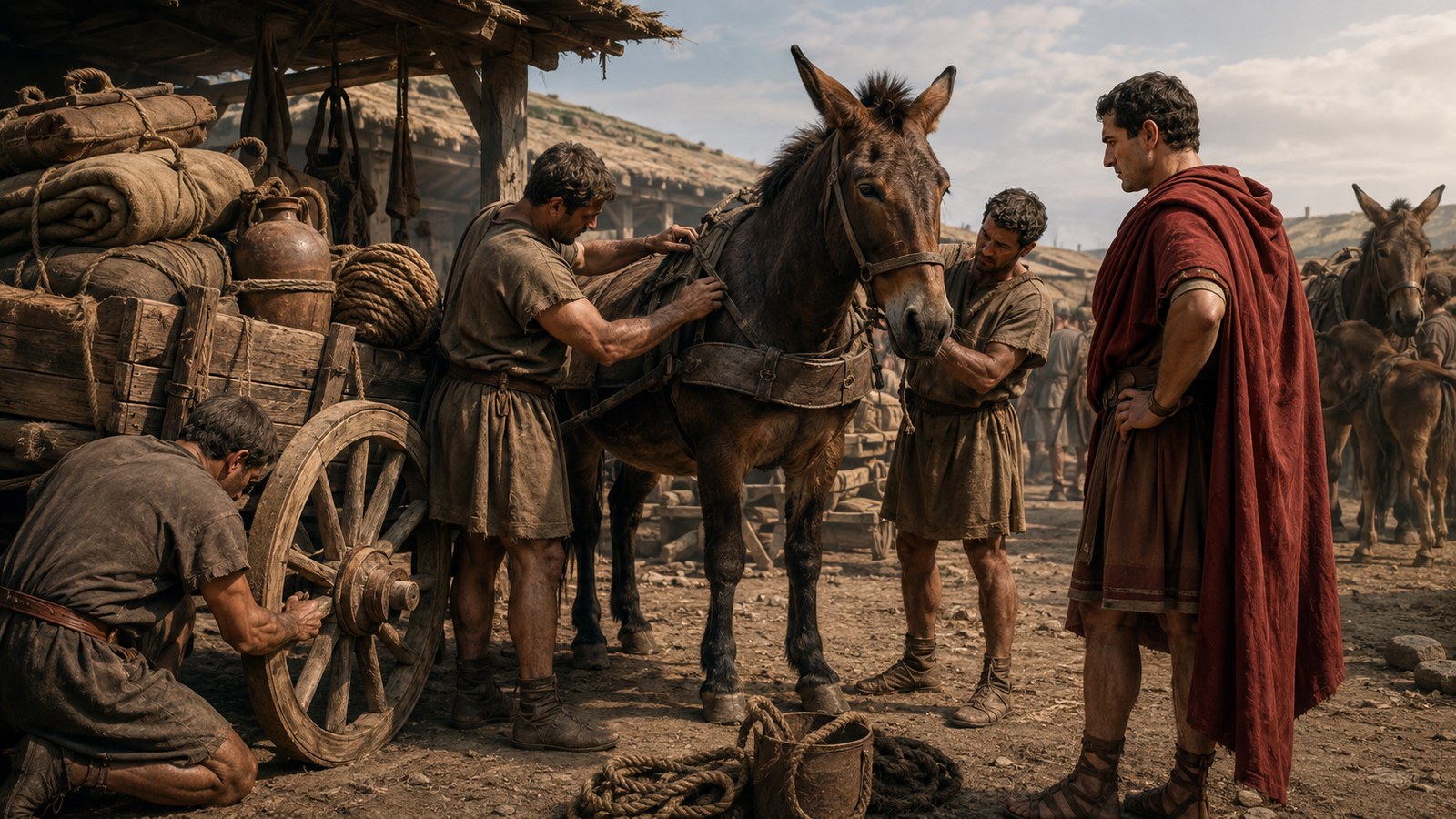 A vertical 4:5 cinematic realistic oil-painting of two moments in one Roman street: in the shadowed foreground a generic mother carries a captive child behind a distant triumphal chariot, while in warm light the same child as an older generic victorious commander approaches beneath laurel, historically plausible Republican Rome, no text, letters, standards, inscriptions, logos or watermark.