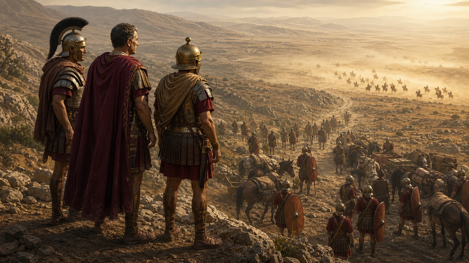 A wide 16:9 historically plausible Roman road depot: an ambitious adult contractor inspects sturdy mules, harness and plain transport carts prepared for provincial magistrates, clerks hold blank wax tablets, practical dust and movement, no battle, no text, letters, inscriptions, logos or watermark.