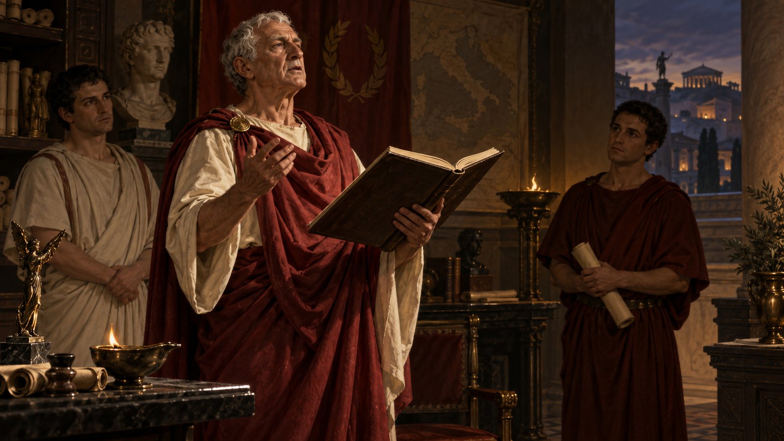 A vertical 4:5 cinematic realistic oil painting of elderly Roman statesman Verginius Rufus rehearsing a speech in a quiet marble room, a heavy bound volume slipping from his trembling hands as attendants move to help, dignified non-graphic moment before a fall, plain surfaces, no readable text, letters, numerals, logos, signatures or watermark.