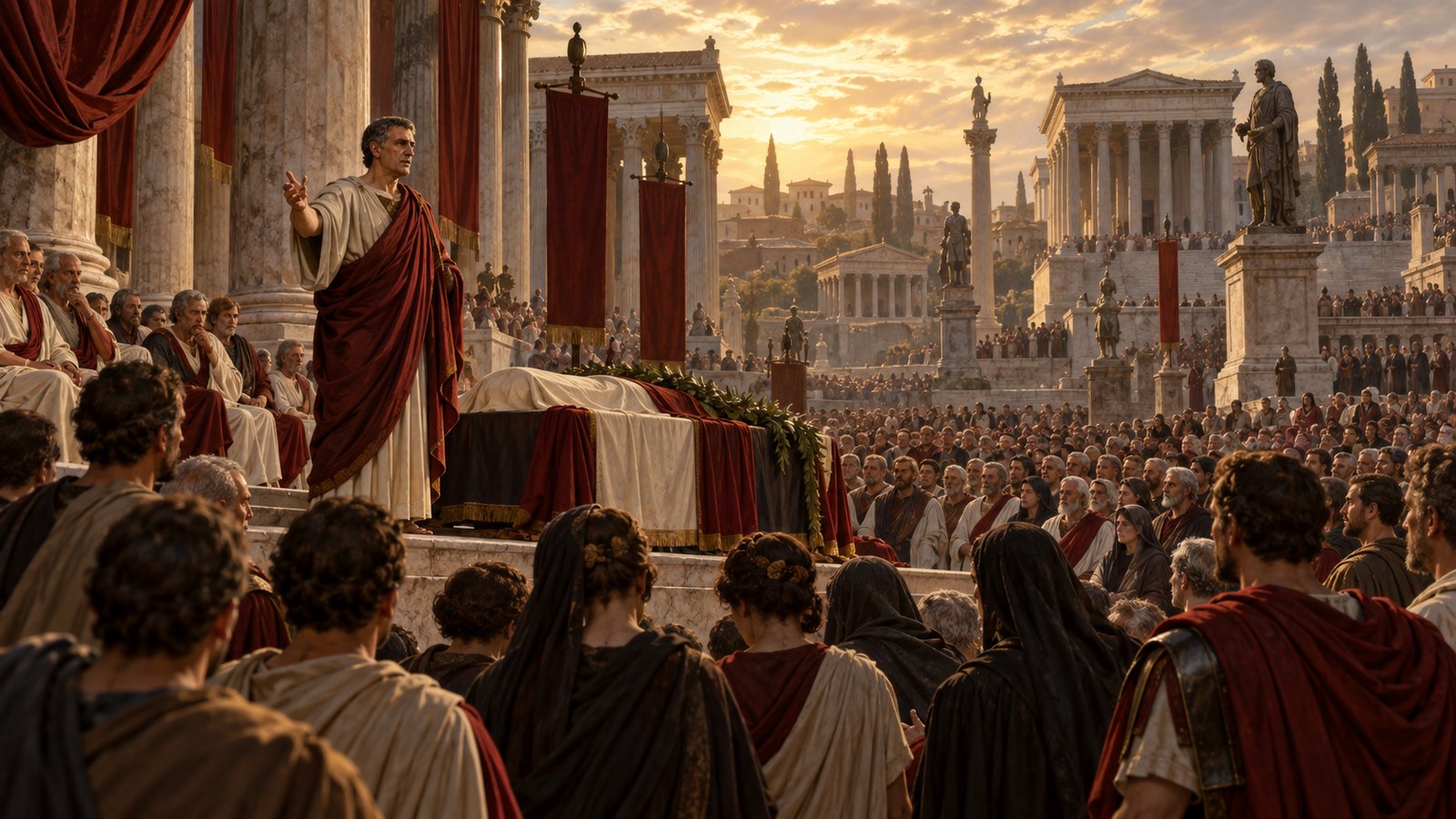 A wide 16:9 cinematic realistic oil painting of an elderly Roman consul practicing his voice for a formal thanksgiving to Emperor Nerva, standing with a heavy open volume in a lamplit study while two attendants listen, the pages angled away and blank, restrained late first-century setting, no readable text, letters, numerals, logos, signatures or watermark.