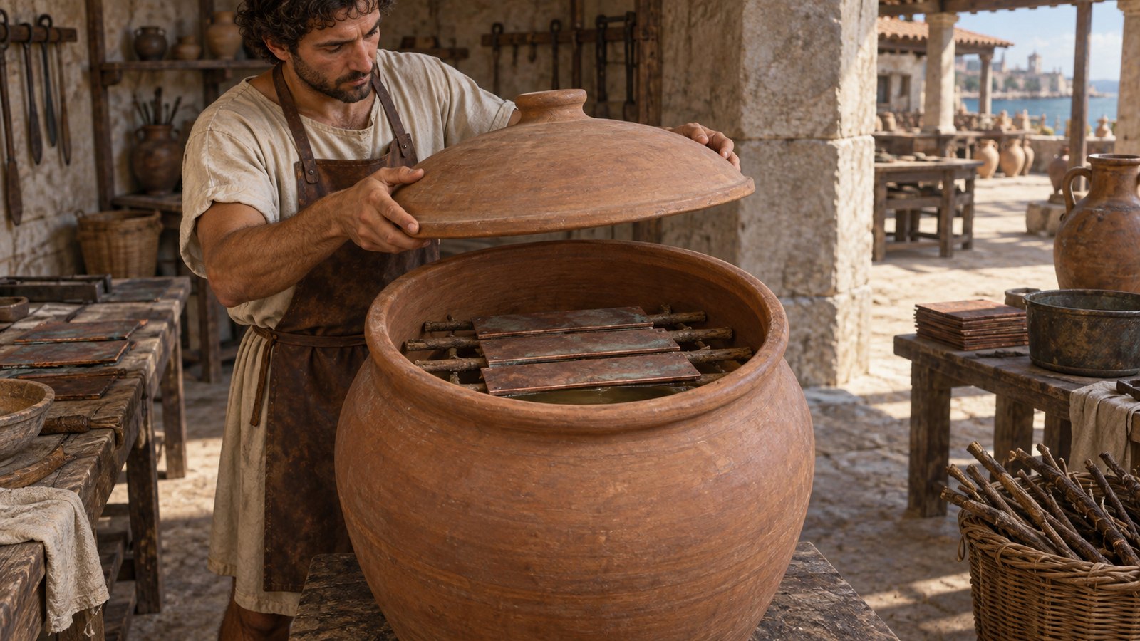 The metal rested above the vinegar rather than in it, while the covered vessel kept the working vapour inside.