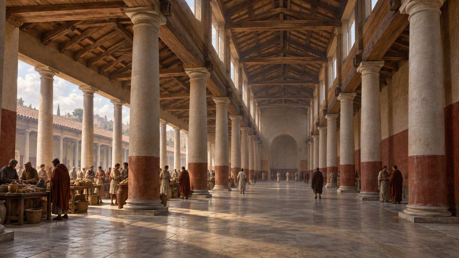 Vitruvius described a 120-by-60-foot central hall ringed by a twenty-foot portico, with fifty-foot columns carrying the main structure.