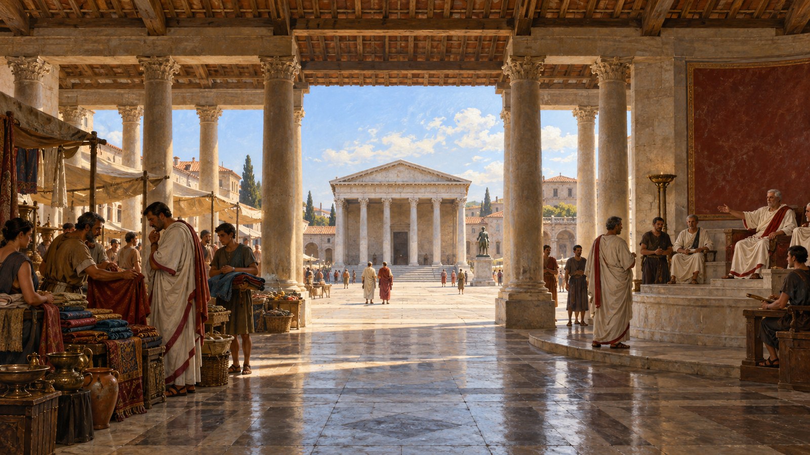 Two columns on the far side were deliberately omitted, preserving the view from the basilica toward the porch of Augustus’s temple while a curved tribunal kept legal business apart from trade.