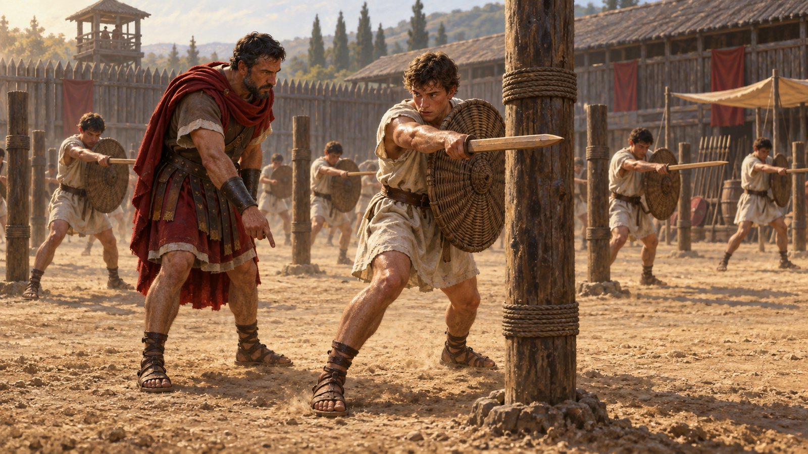 A vertical 4:5 cinematic realistic oil painting in a Roman legionary training yard, several generic recruits drilling individually against plain six-foot wooden posts, foreground recruit holding a thick round wicker practice shield and heavy wooden sword under an instructor’s watch, dusty morning light, red-brown tunics without insignia, physically plausible equipment, no readable text, lettering, emblems, signatures or watermark.