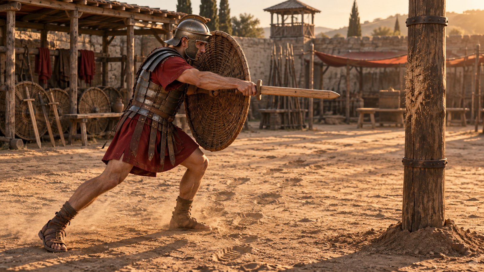 A wide 16:9 cinematic realistic oil painting of a Roman recruit circling a firmly planted six-foot timber post, heavy round wicker shield high and wooden practice sword poised for a controlled thrust, instructor correcting foot placement, other recruits drilling in spaced rows, earthen yard and palisade, no battle violence, no readable text, insignia, signatures or watermark.