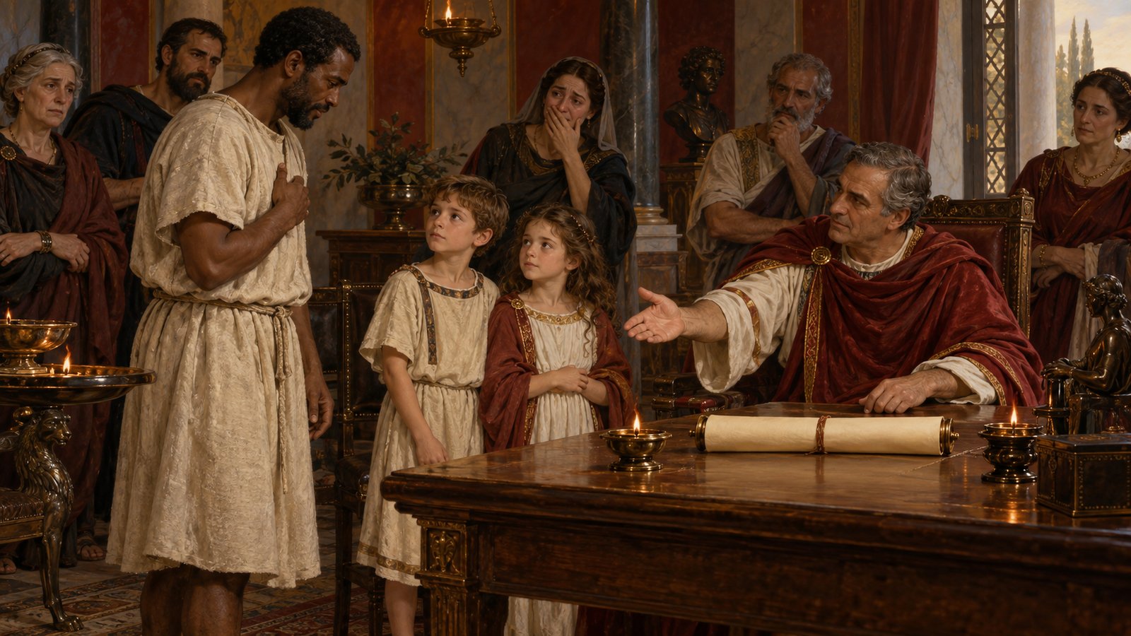 A vertical 4:5 cinematic realistic oil painting inside a prosperous late Roman household as a sealed will is read aloud after the household head’s death, an enslaved male steward in a plain tunic stands beside two solemn children while relatives and a legal reader react to his unexpected appointment as guardian, wax tablets and tied papyrus present but absolutely no readable writing, historically plausible sixth-century Roman dress and furnishings, no letters, numerals, signatures or watermark.