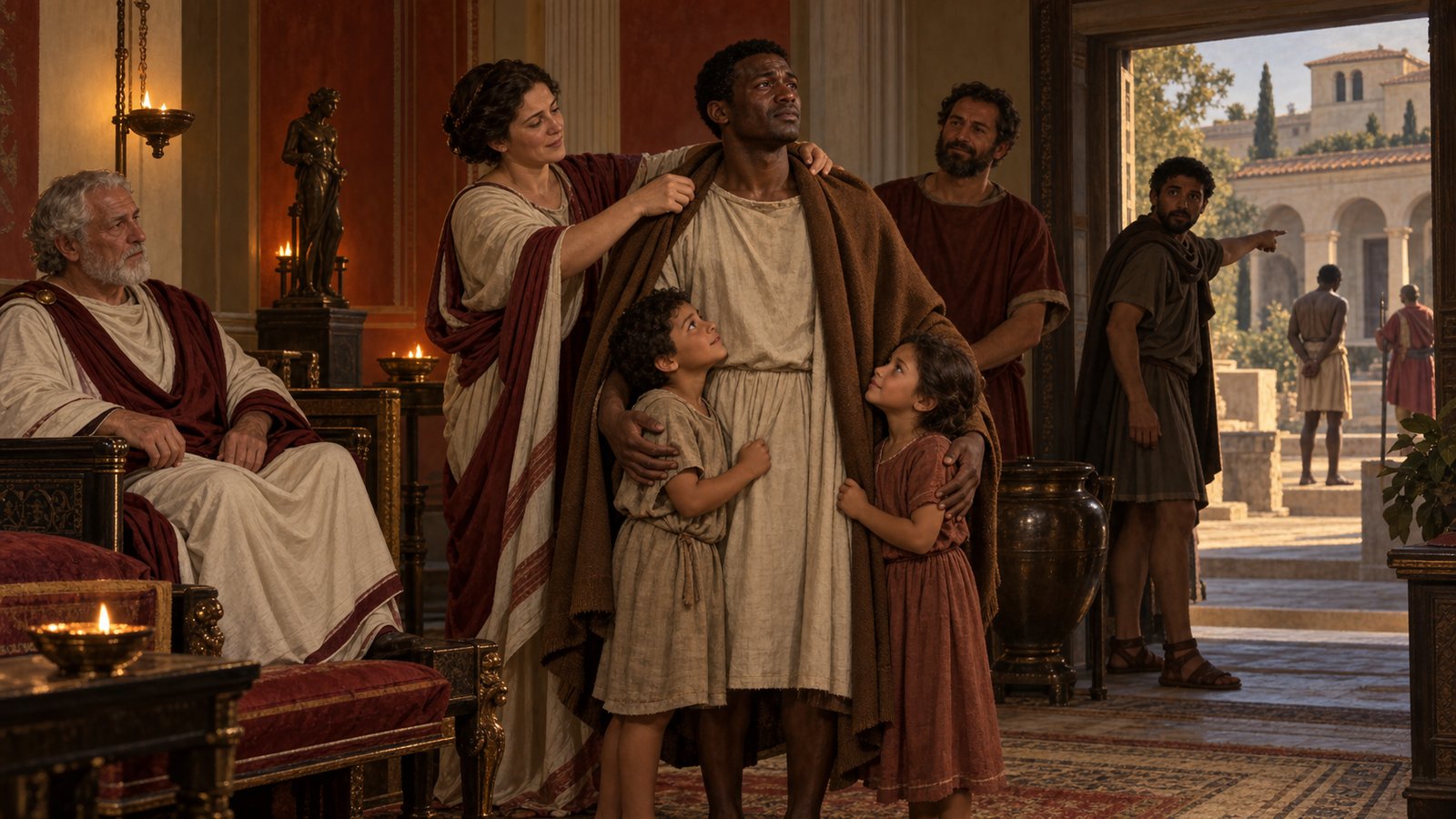 A wide 16:9 cinematic realistic oil painting of a late Roman legal chamber where an enslaved household steward steps from the servants’ side toward two young heirs after a testament is opened, a jurist gestures between the will and the children to show that the appointment carries freedom, emotionally restrained, wax tablets and document cords with blank surfaces, no readable text, letters, numerals, logos, signatures or watermark.