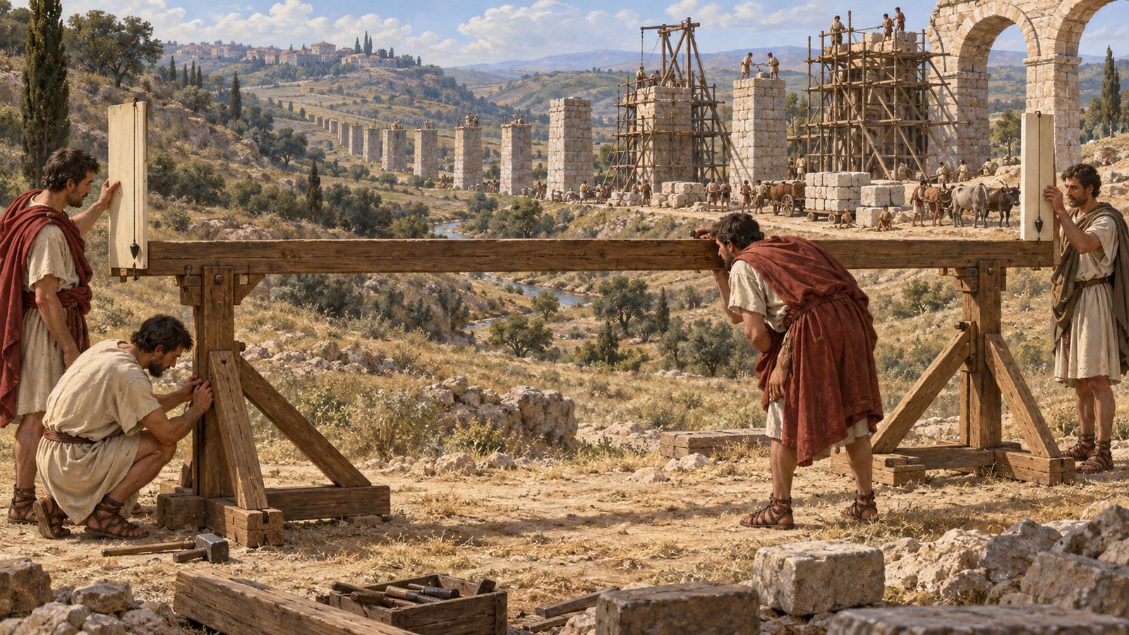 Vitruvius preferred the chorobates, a straightedge about twenty feet long on equal legs, to the dioptra and ordinary level for establishing an aqueduct’s fall.