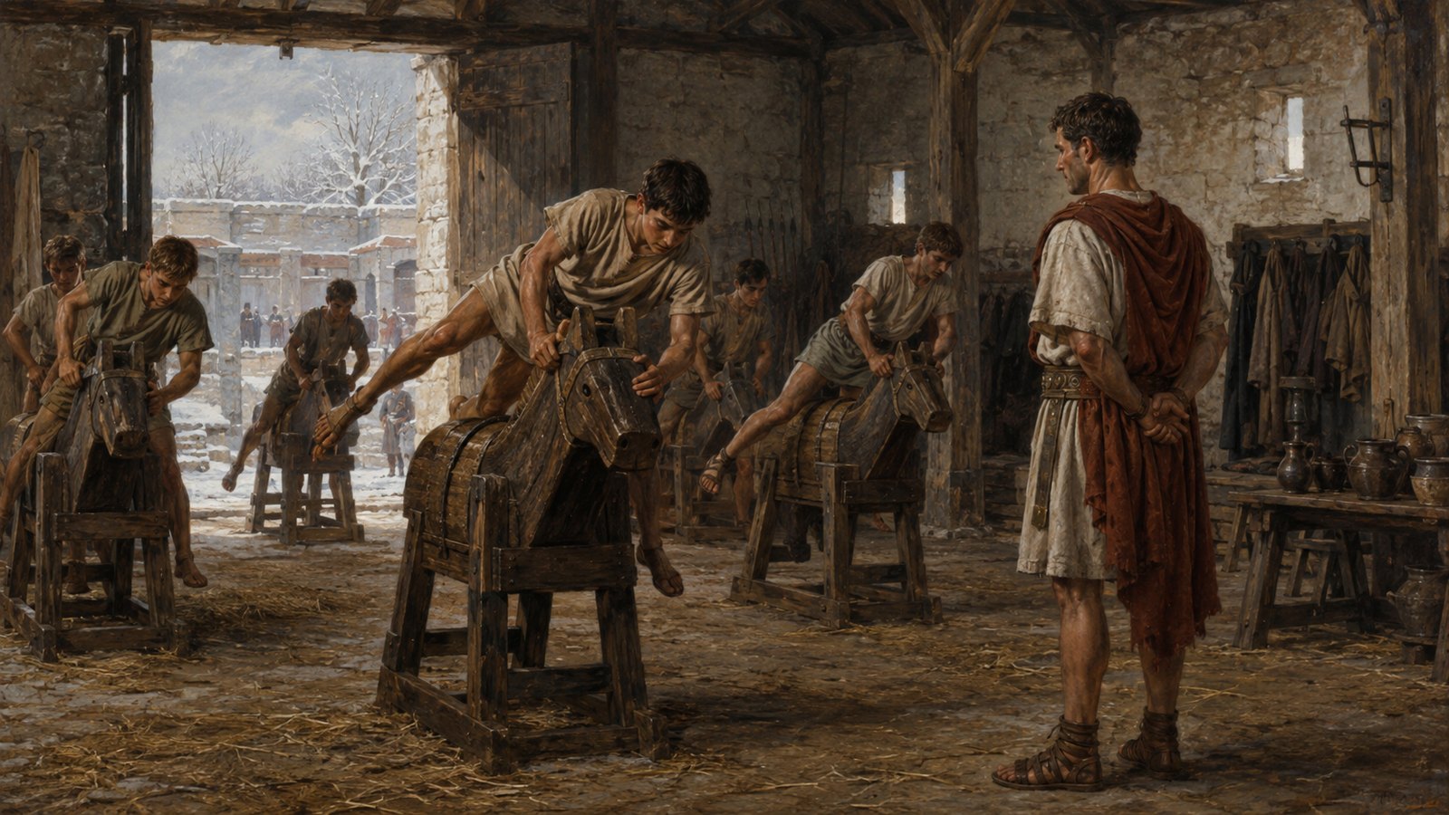 A vertical 4:5 cinematic realistic oil-painting of late Roman recruits drilling on a sturdy plain wooden vaulting horse in a military training yard, one recruit mounting while an instructor watches, shields and unmarked equipment nearby, historically plausible generic faces, no text, letters, numerals, logos, signatures or watermark.