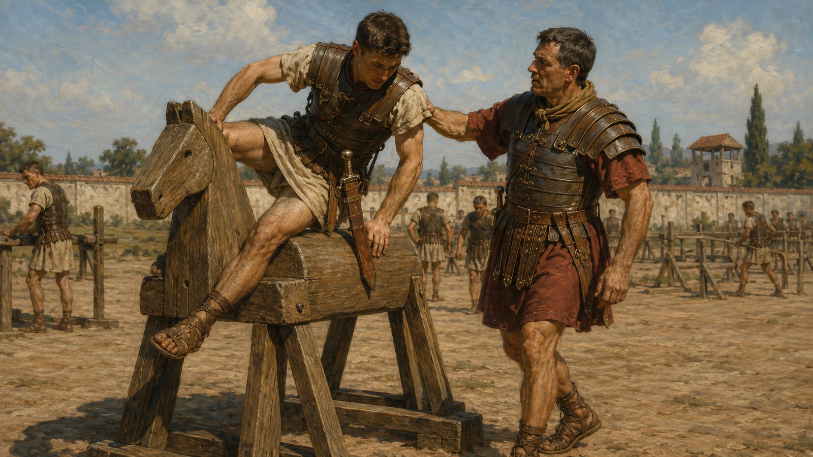 A wide 16:9 cinematic realistic oil-painting inside a Roman military drill hall in winter, recruits practicing mounting and dismounting on several robust wooden horse frames, beginning without armour, cold daylight through doors, no text, lettering, numerals, logos, signatures or watermark.