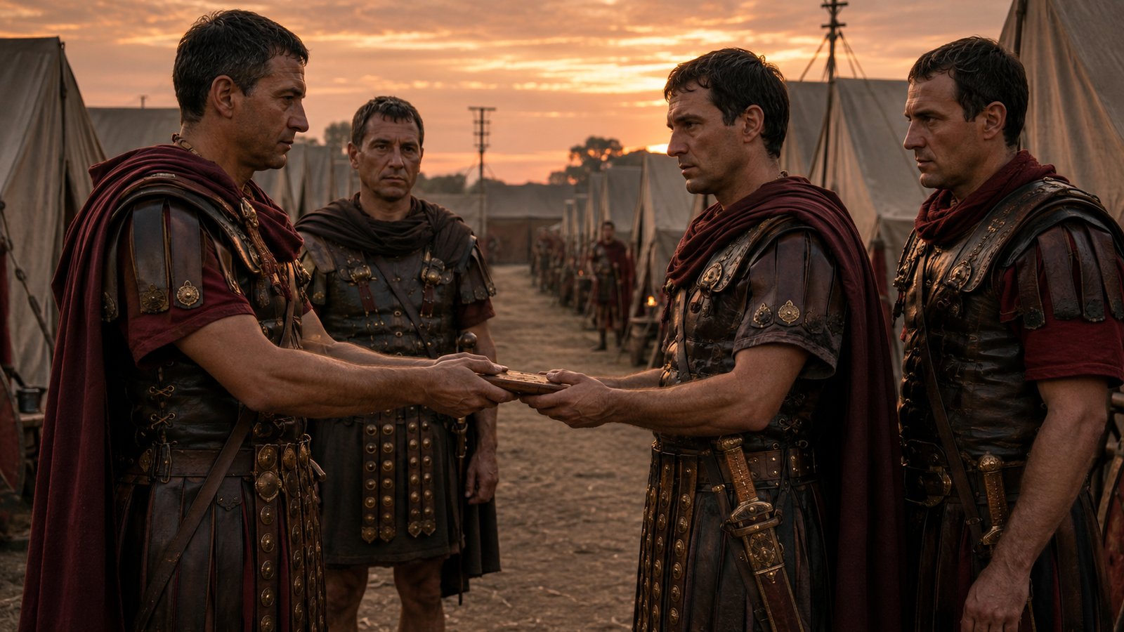 A vertical 4:5 cinematic realistic oil-painting of a Roman infantry camp at sunset, an officer handing a small plain wooden tablet to a soldier beside orderly tent streets, warm torchlight, no readable text, letters, numerals, logos, signatures or watermark.