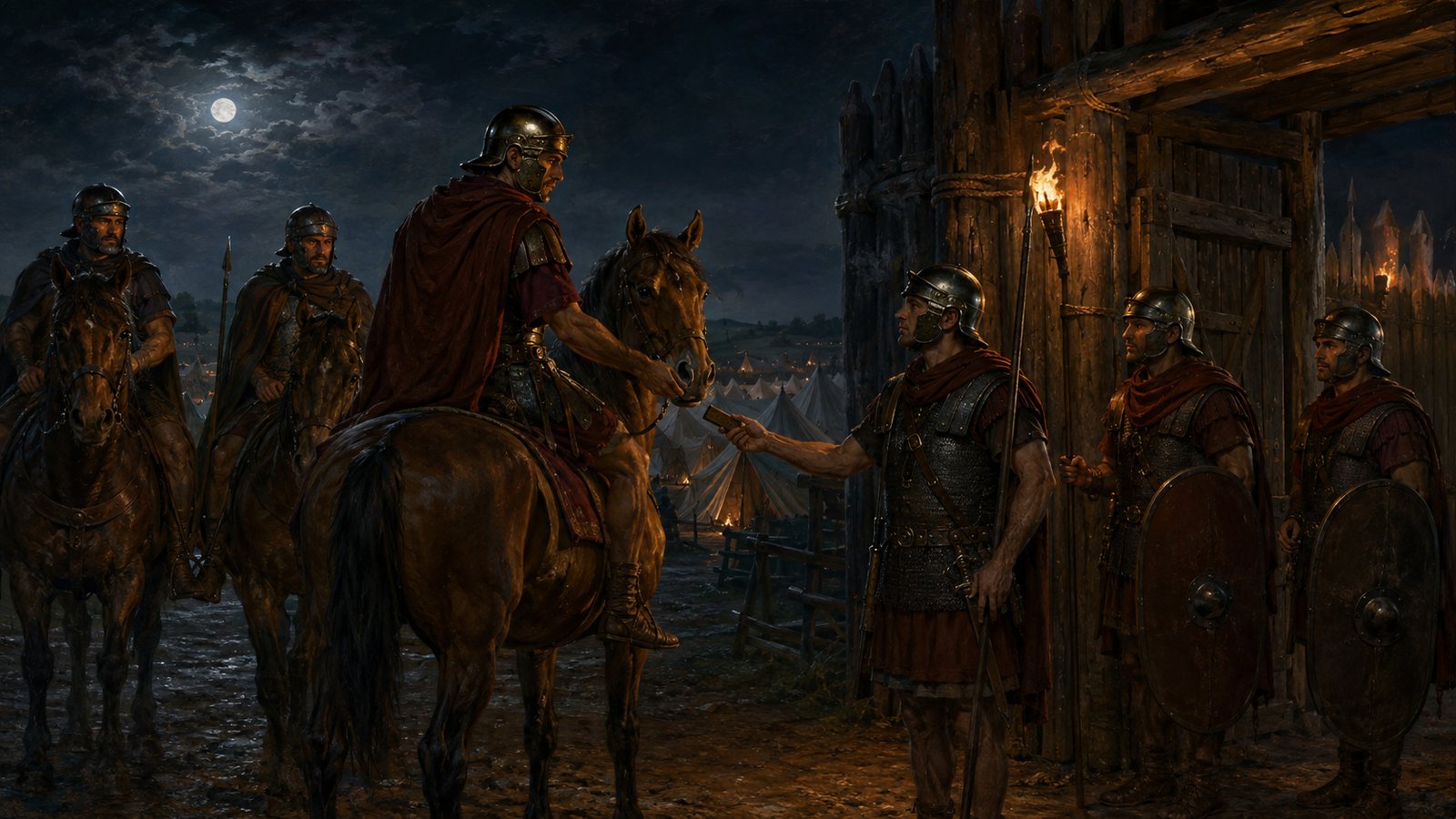 A wide 16:9 cinematic realistic oil-painting of a small wooden watchword tablet passing between Roman unit commanders before witnesses along a straight camp street at dusk, historically plausible generic equipment, no readable text, letters, numerals, logos, signatures or watermark.