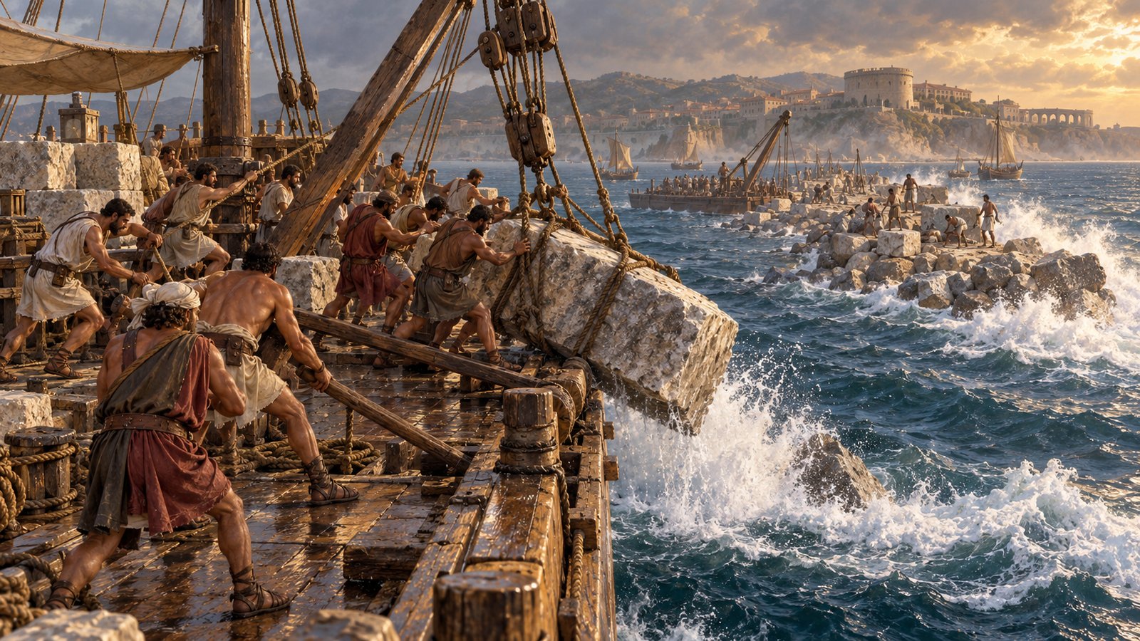 Pliny watched barges drop immense stones until their accumulated weight raised an artificial island above the sea.