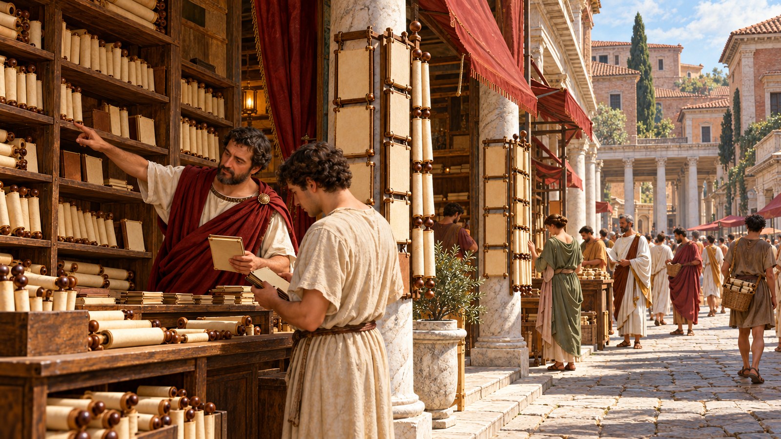 Martial directs readers through Rome’s commercial geography: displayed book titles, a named shopkeeper, and stock close enough to pull from the first or second shelf.