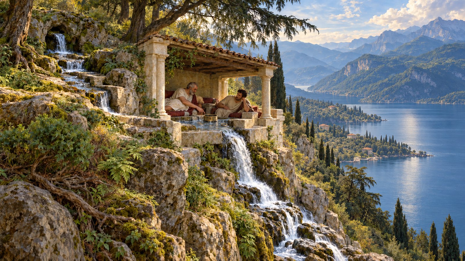 Pliny locates the spring’s whole route: mountain-side, rocky channel, small dining room, and the Larian Lake below.